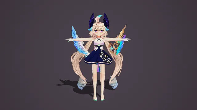卡通风格3D美少女模型，创意设计（卡通美少女、3D模型、浅色长发、多彩翅膀、中式元素服饰、灰色背景、独特造型 ）