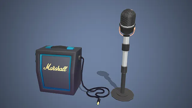 一个卡通风格的3D音乐设备模型，包含音箱和带支架的麦克风