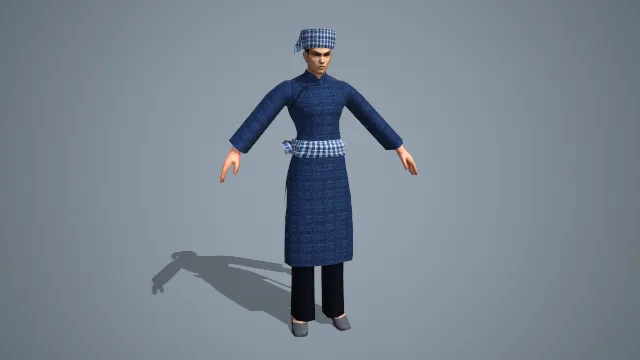 布依族蓝布格纹头巾长袍传统男性角色 3D 模型