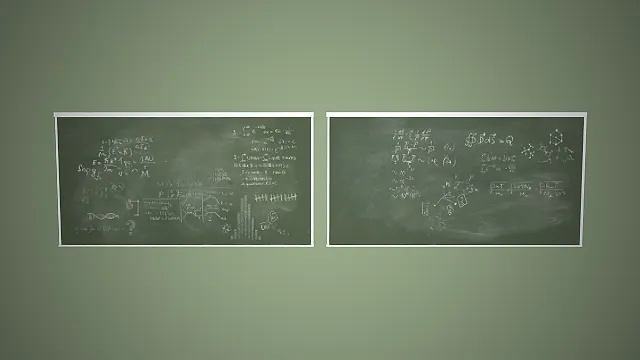 一组写满物理、数学、化学公式与示意图的黑板3D模型