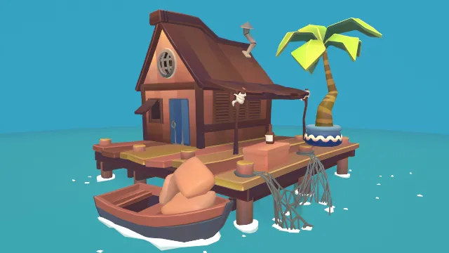 渔民们避难所河流渔船建筑场景房屋