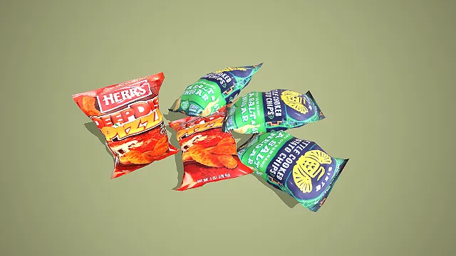 写实风格多口味薯片零食袋组合 3D 食品包装模型