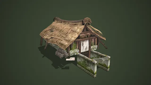 带石砌墙基的老旧茅草屋低模