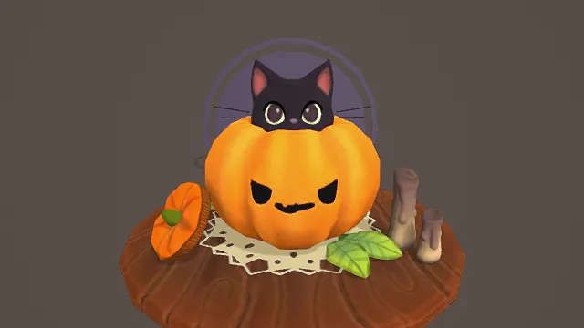 3D卡通风格黑橙绿系万圣节猫与南瓜场景模型，创意设计（3D场景、卡通风格、万圣节可爱风，场景设计主题）