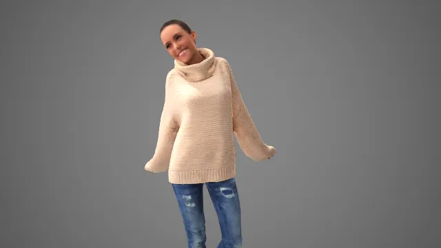 米色高领毛衣破洞牛仔裤女士休闲站姿 3D 模型