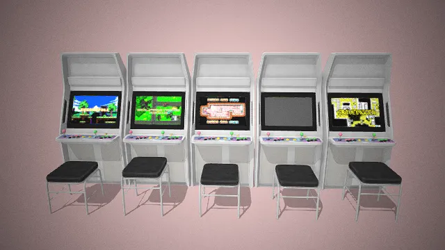 一组连排式写实的游戏厅的复古街机3D模型
