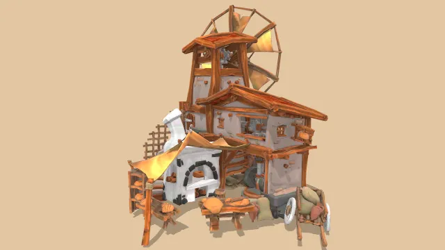 卡通风格化面包店建筑木屋风车场景