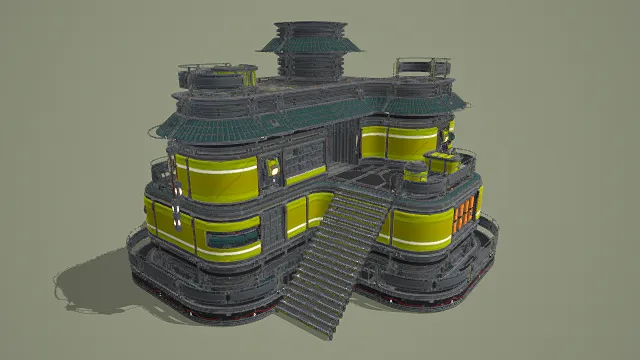 3D卡通风格黄黑绿系科幻建筑模型，创意设计（3D建筑、卡通风格、科幻未来风，建筑设计主题）