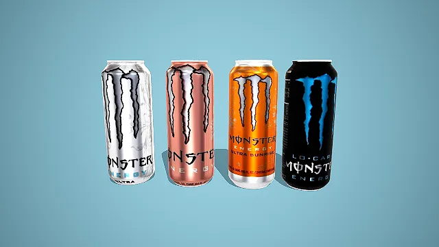 卡通风格多口味 Ultra 系列魔爪能量饮料罐组合 3D 低多边形场景装饰模型