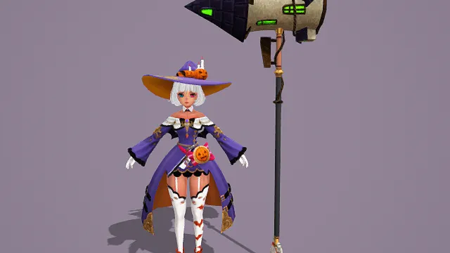 3D卡通风格紫橙绿系万圣节女巫角色模型，创意设计（3D角色、卡通风格、万圣节奇幻风，角色设计主题）