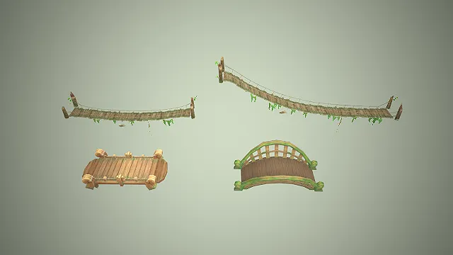 丛林木质桥梁  场景建筑模型  做旧苔藓  多结构木质