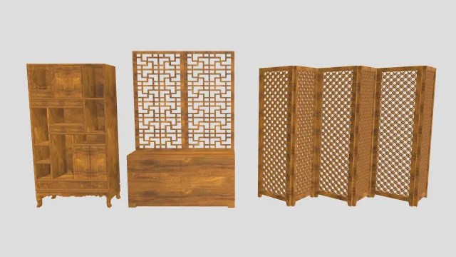 木色中式博古架、回纹隔断与六联菱形屏风组合 3D 模型