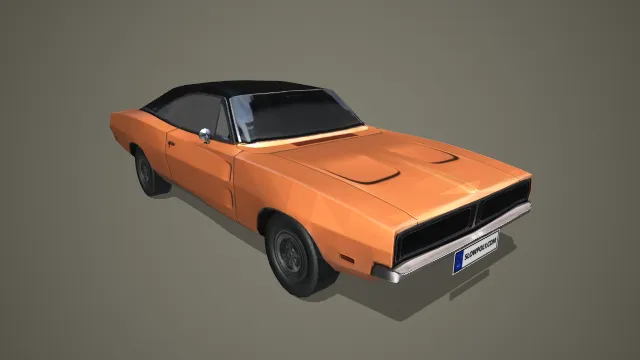 橙黑复古肌肉轿车带双进气口造型写实模型