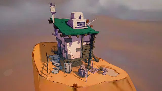 卡通风格3D场景模型，创意设计（卡通场景、3D模型、小屋、绿色屋顶、黄色地面、趣味装饰、灰色背景 ）