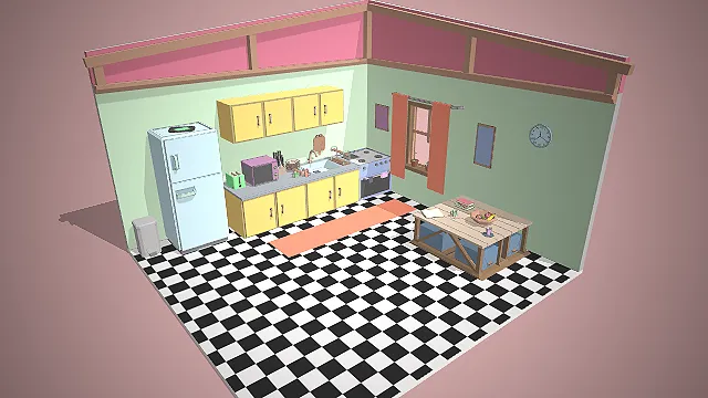 一个低模风格的3D复古餐厨一体模型，居家场景
