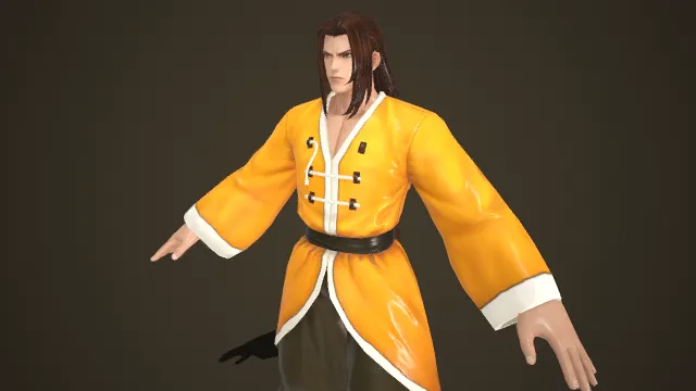 黄衫白边：宽袖武道服的武侠者  深棕马尾  沉稳凌厉  橙黄对襟宽袖武道褂  中式传统  武道元素  宗师