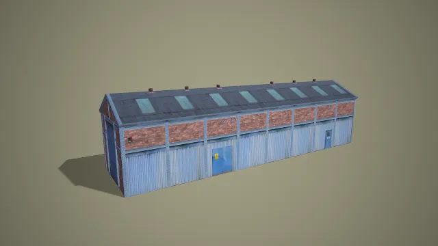 写实风格长条形单层红砖工业厂房 3D 低多边形场景模型