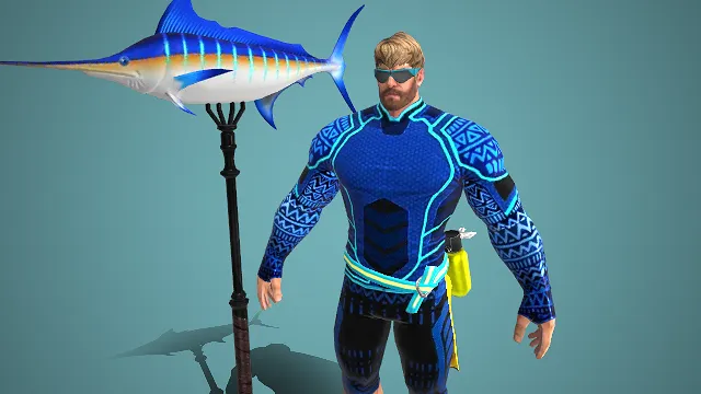 游戏男角色  海洋元素  潜具饰装  冲浪  深海战士  趣味武器  壮汉形象  活力