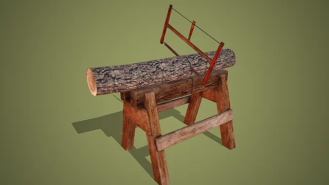 复古木质锯木架带原木与框锯 3D 木工场景装饰模型