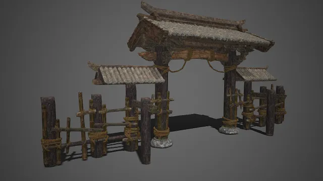 山野风格  木构山门  檐角微翘  粗绳  木栅围栏  斑驳沧桑  古朴粗粝的山野气息  传统村落