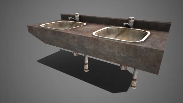 做旧风格  双盆洗手台  灰石质感  一体式台面  金属水龙头  陈旧废弃  颓废风格