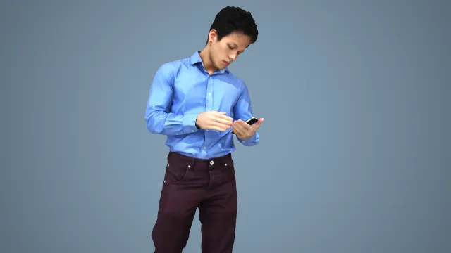 轻熟风蓝衫配酒红裤男性持机操作形象 3D 模型