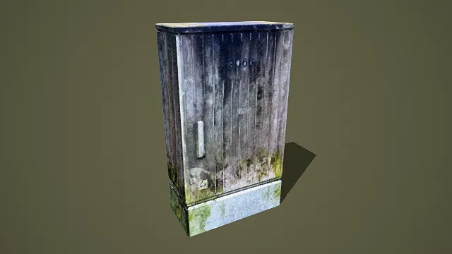 写实风格3D破损工业电箱模型，创意设计（写实破损工业电箱、银灰绿主色调、单开门结构、锈蚀与苔藓细节、把手与编号）