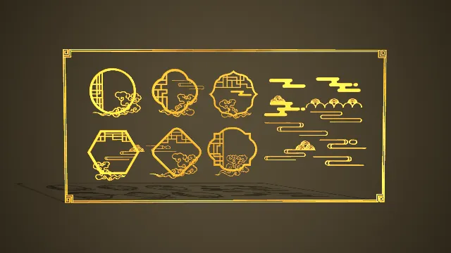 中式花窗云纹边框组合 3D 低多边形国风装饰场景模型