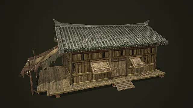 带棚檐的古风木制民居低模