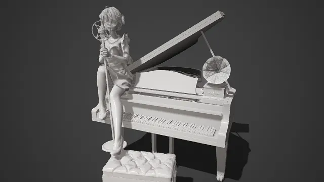 少女与钢琴  素模  复古麦克风  留声机  软包琴凳  音乐演奏