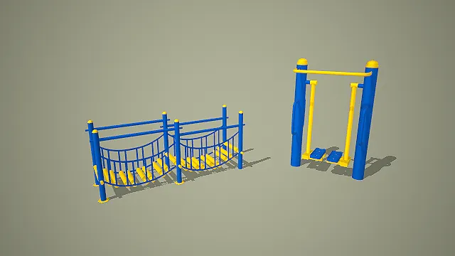 蓝黄配色波浪桥与双人漫步机组合户外游乐健身器材 3D 模型