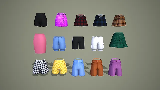 格纹链条裙与多色格纹短裤及包臀裙十五件套 3D 模型