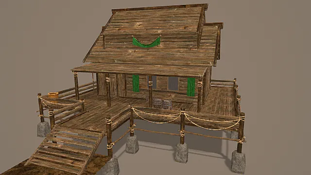 国风渔家风格临水木屋模型 