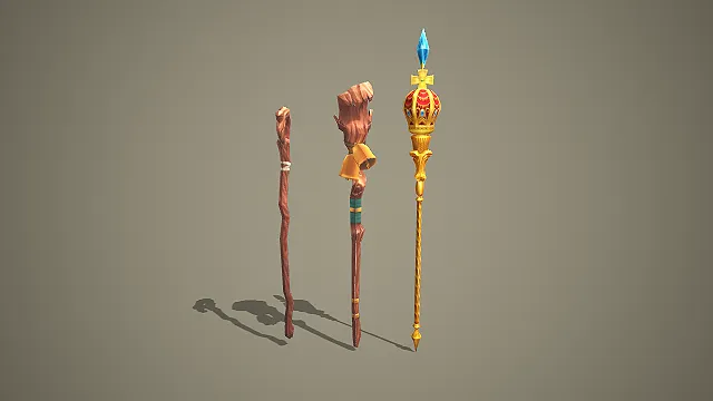 三款风格化法师法杖 3D 模型 游戏武器道具资产