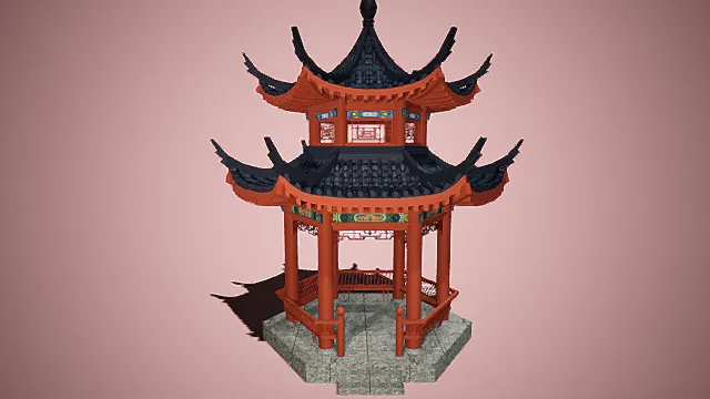 中式  凉亭   二层古建翘角亭子3D模型