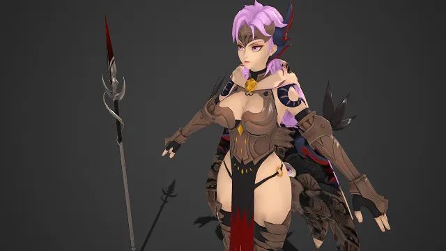 女战士  紫色长发  棕色盔甲  红色装饰  游戏角色  长枪长剑