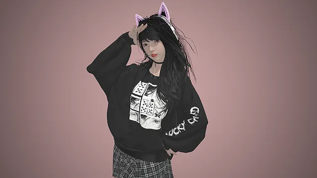 猫耳甜妹虚拟角色  二次元少女  漫画风卫衣  格纹百褶裙