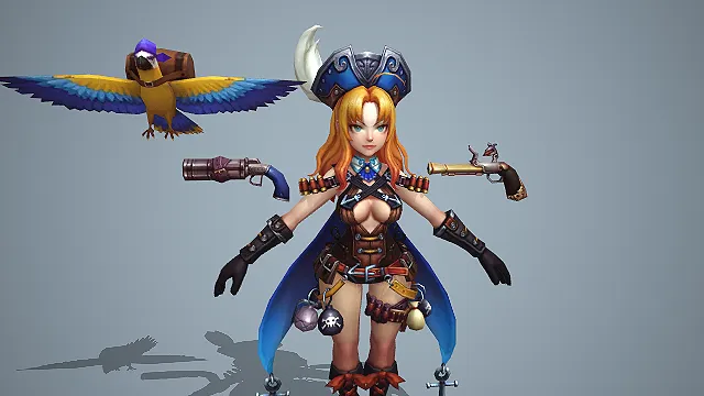 卡通 Q 版金发女海盗带双枪鹦鹉锚形披风 3D 游戏角色模型
