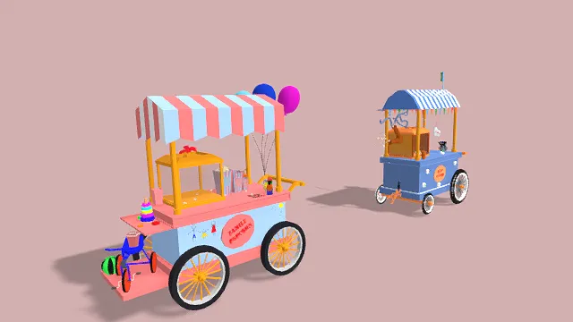   3D卡通风格售卖零食小车模型，创意设计（3D车辆、卡通风格、童趣欢乐风，车辆设计主题）
