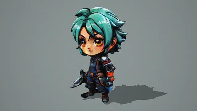 3D卡通风格Q版战士角色模型，创意设计（3D角色、卡通风格、英气可爱，角色奇幻主题，角色元素）