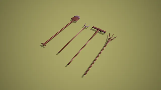 卡通风格五款复古农具组合 3D 低多边形农场场景装饰模型