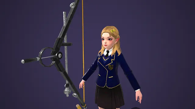 校园风   3D 游戏角色  金发低马尾  蓝金配色  弩弓  清新青春  创意感
