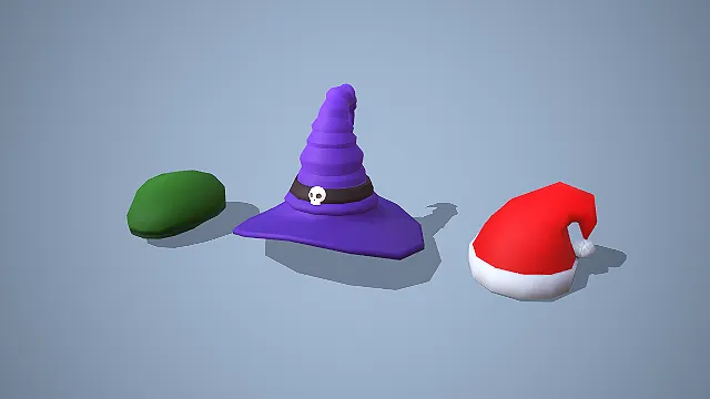 低多边形贝雷帽巫师帽圣诞帽套装 3D 奇幻风格角色配饰模型