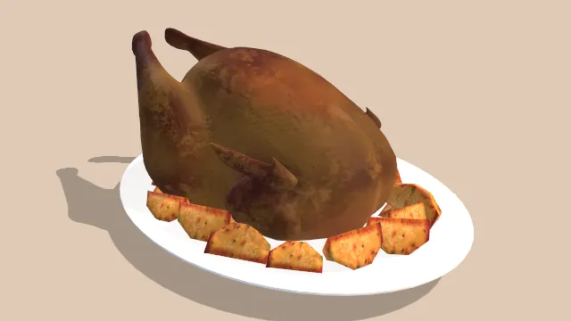 盘子装的一整只烤鸡肉类食物四周有蔬菜装饰