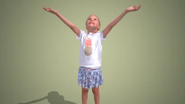 菠萝印花 T 恤短裙小女孩展臂站姿 3D 模型