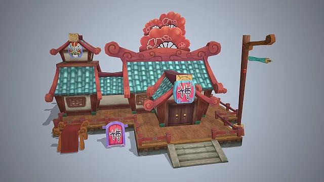 古风戏班  戏台商铺  实木结构  京剧脸谱  游戏场景