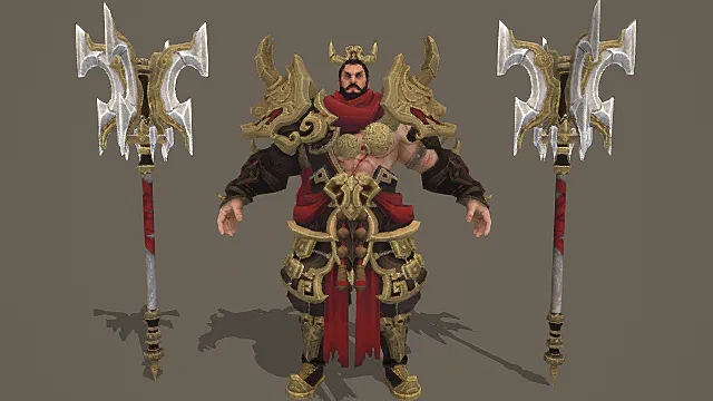 国风猛将风格男性角色模型（金红黑配色战甲造型）