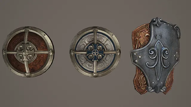 复古纹章盾牌套装游戏武器3D模型