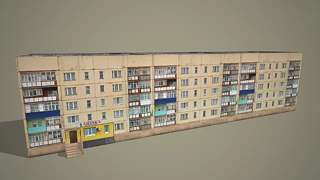 浅黄墙多层居民楼带阳台底商平顶 3D 模型