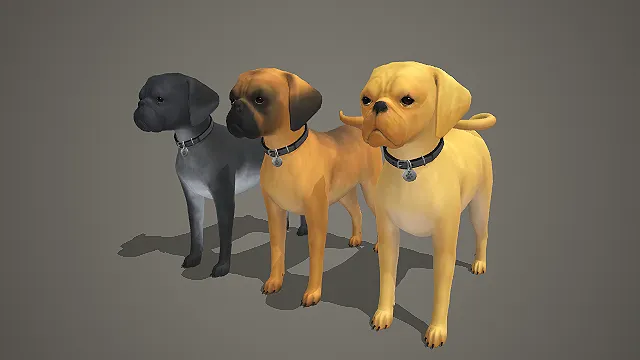 卡通多色八哥犬 3D 模型 带项圈宠物犬角色素材包